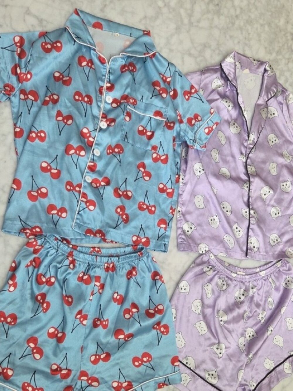 Girls Pajama Set Bundle-Cherry And Cat Print "Satin" Pajama Sets